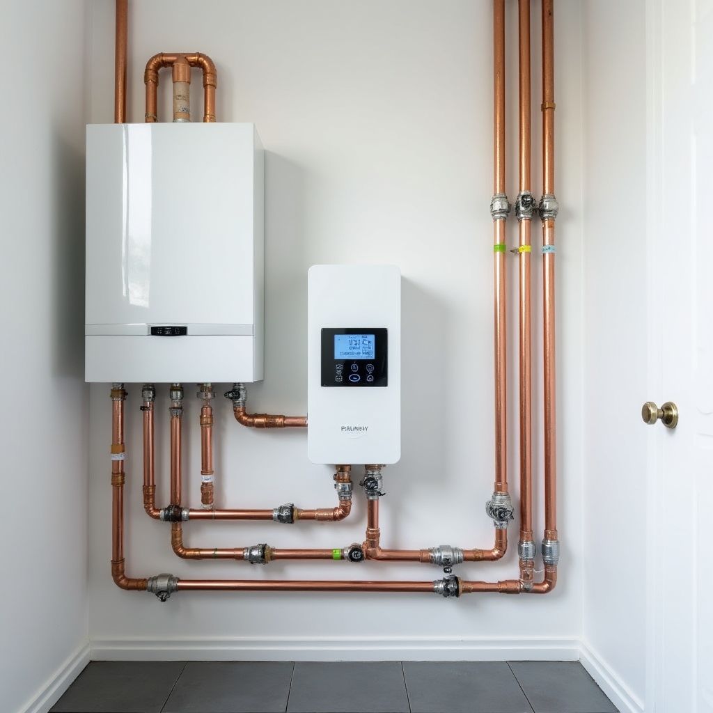 Hybrid heating system showing heat pump integrated with existing gas boiler in a utility room