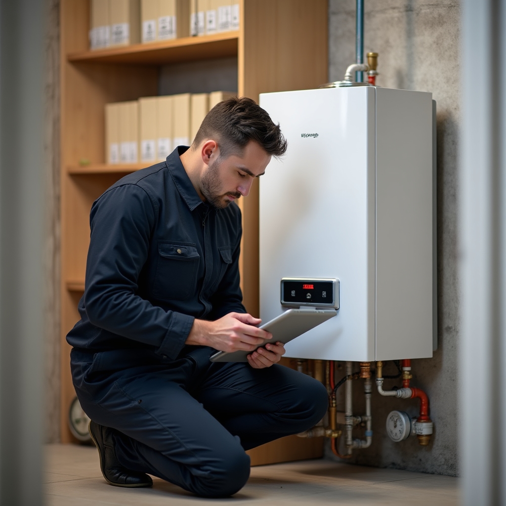 Technician conducting a heating system assessment inside a Polish residential home