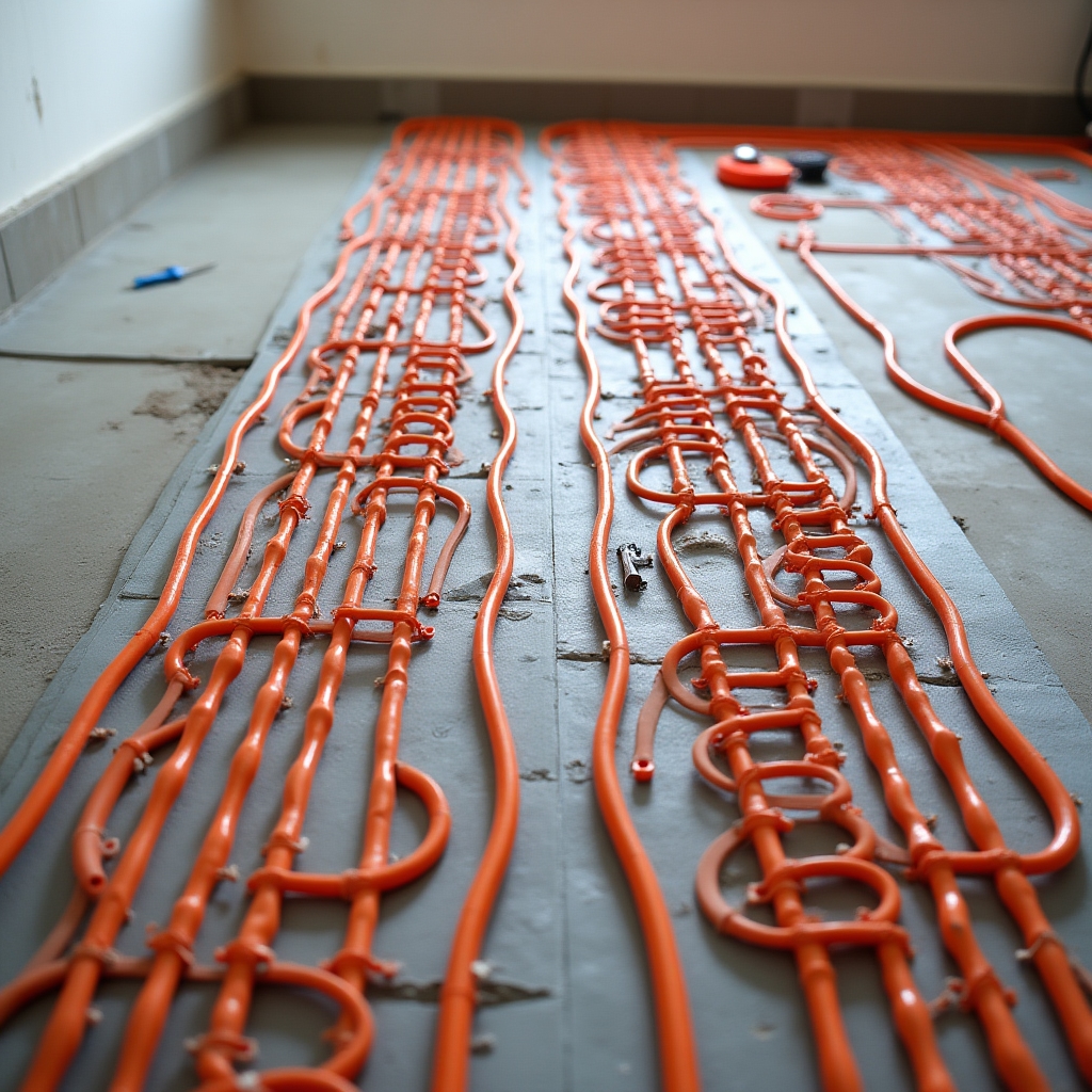 Underfloor heating pipe installation in progress on a residential property
